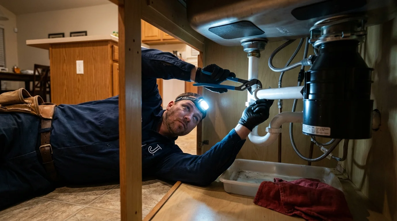 P-trap and supply line connections under a kitchen sink showing a common leak point in Hudson, MI